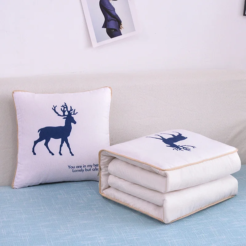 2 In 1 Pillow Travel Quilt Blanket Cartoon Thick Throw Pillow Portable Foldable Air Conditioner Cushion Blanket Car Sofa Office 