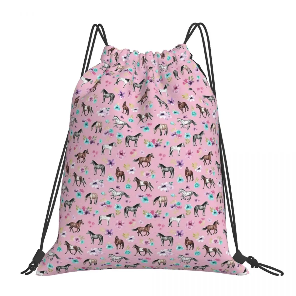

Horses And Flowers On Pink, Equestrian Art, Horse Decor Backpacks Drawstring Bags Drawstring Bundle Pocket Sports Bag BookBag