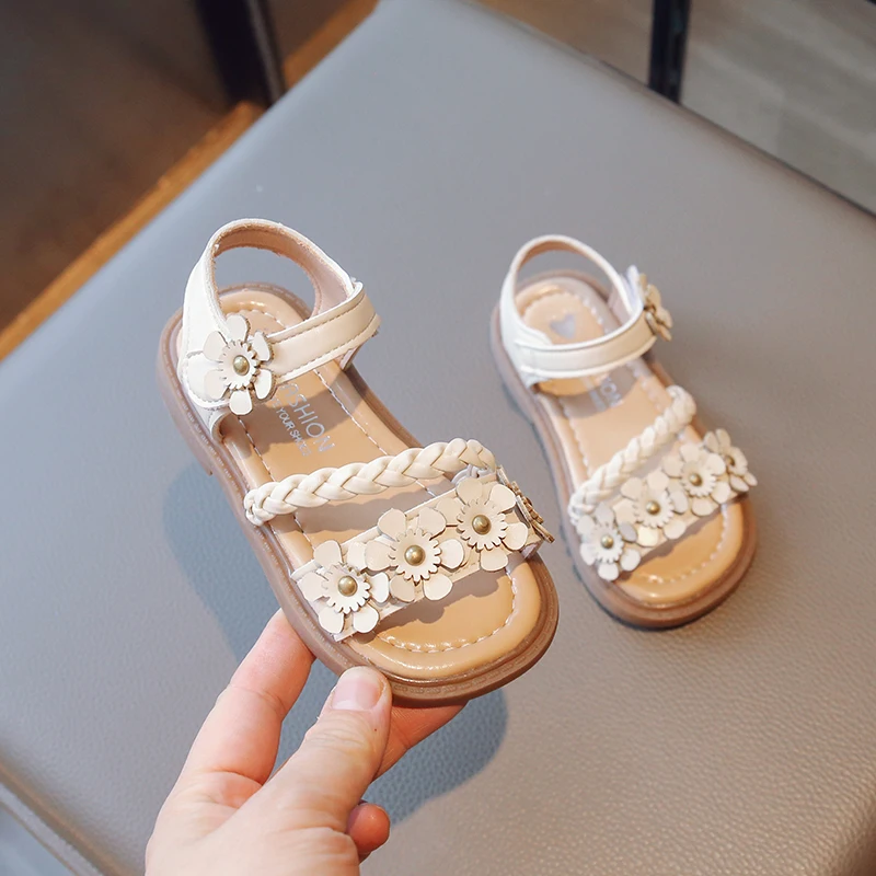 

Summer New Girls' Fashion Woven Flowers Solid Princess Sandals for Children's Leisure Comfortable Breathable Sports Beach Shoes