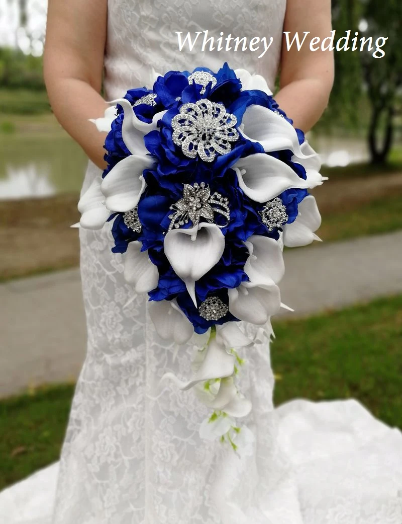5 PC ROYAL BLUE WHITE & BLACK​ CASCADE WEDDING BOUQUET BRIDESMAID & 3 BOUT 