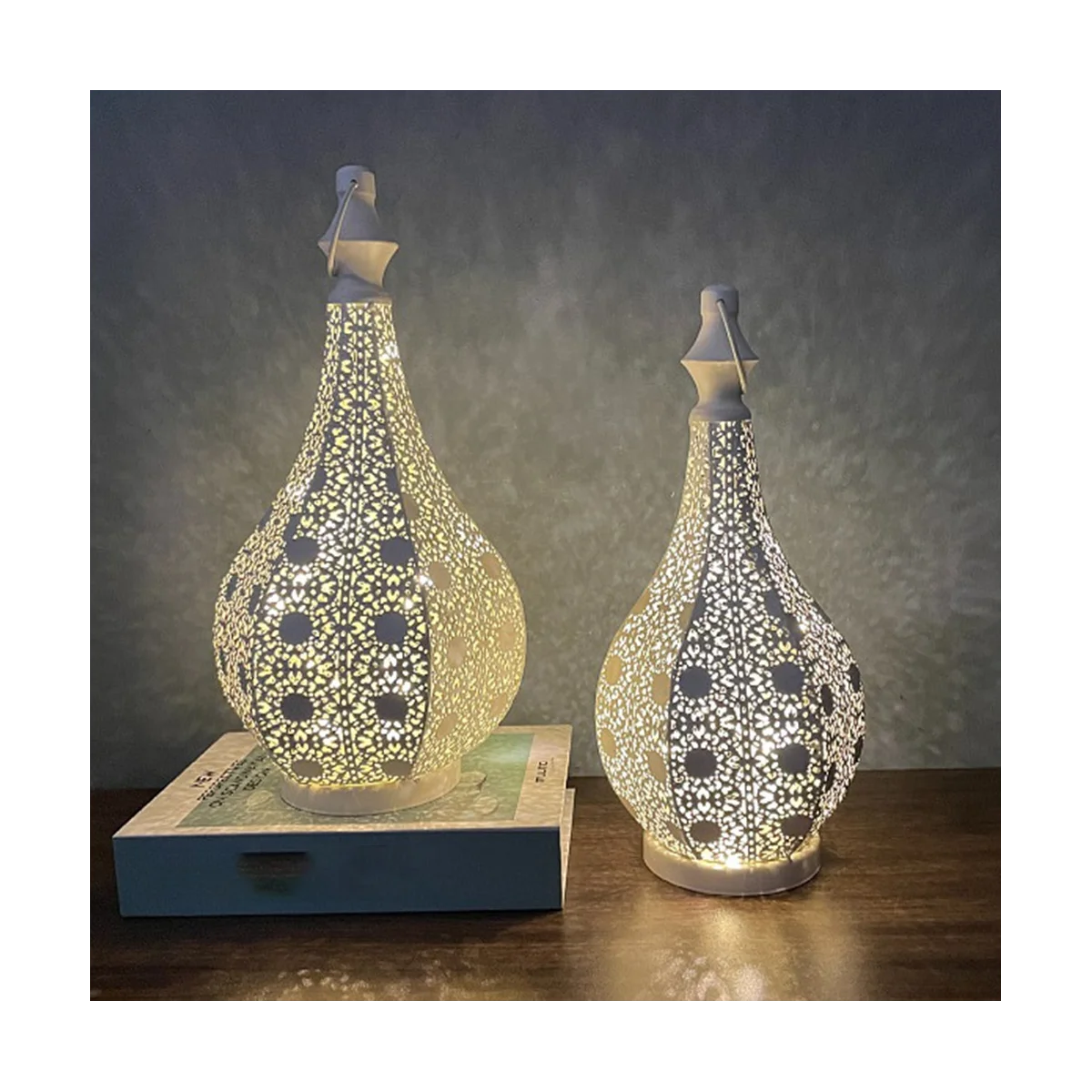 Moroccan Style Metal Table Lamp Battery Powered Cordless Lamp with Fairy Lights Bulb for Christmas Room A 2