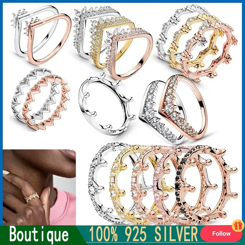 New Women's Classic Ring% 925 Silver Shining Charming Princess Crown Original Logo Ring Light Luxury DIY Charming Jewelry Gift