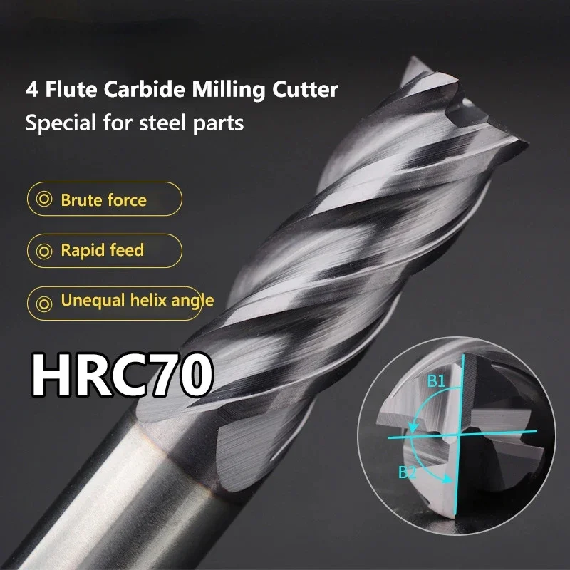 RC70 CARBID End Mill 4 Flute 345,6,8,12mm Cutting Alloy Carbide Tungsten Steel Milling Cutter CNC Machine Cutting Tools End Mill milling cutter