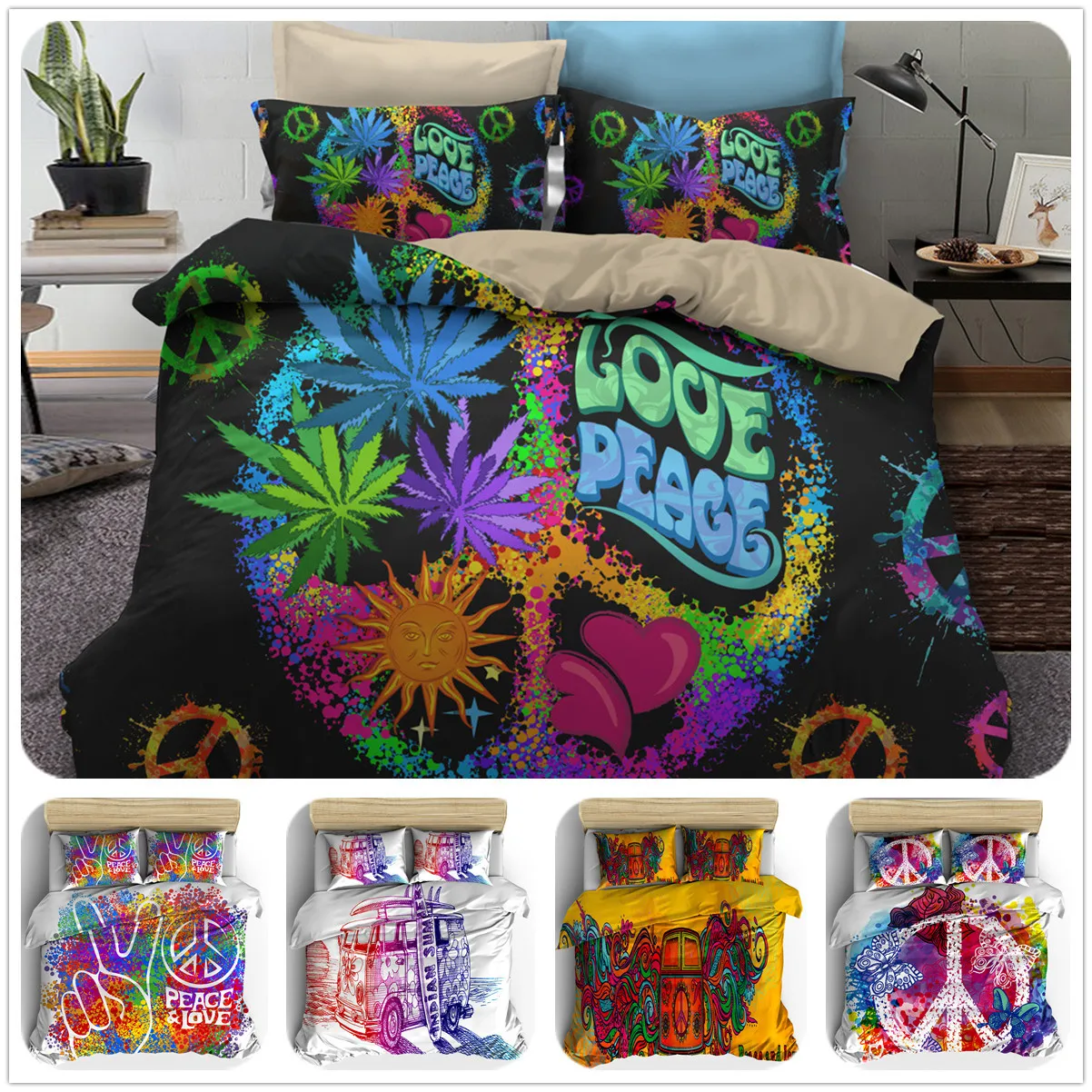 

Hippie Cartoon Weeds Graffiti Bedding Sets Duvet Cover Single Twin Full Queen King Size Quilt Bed Cover Pillow Case 3 Pieces Set