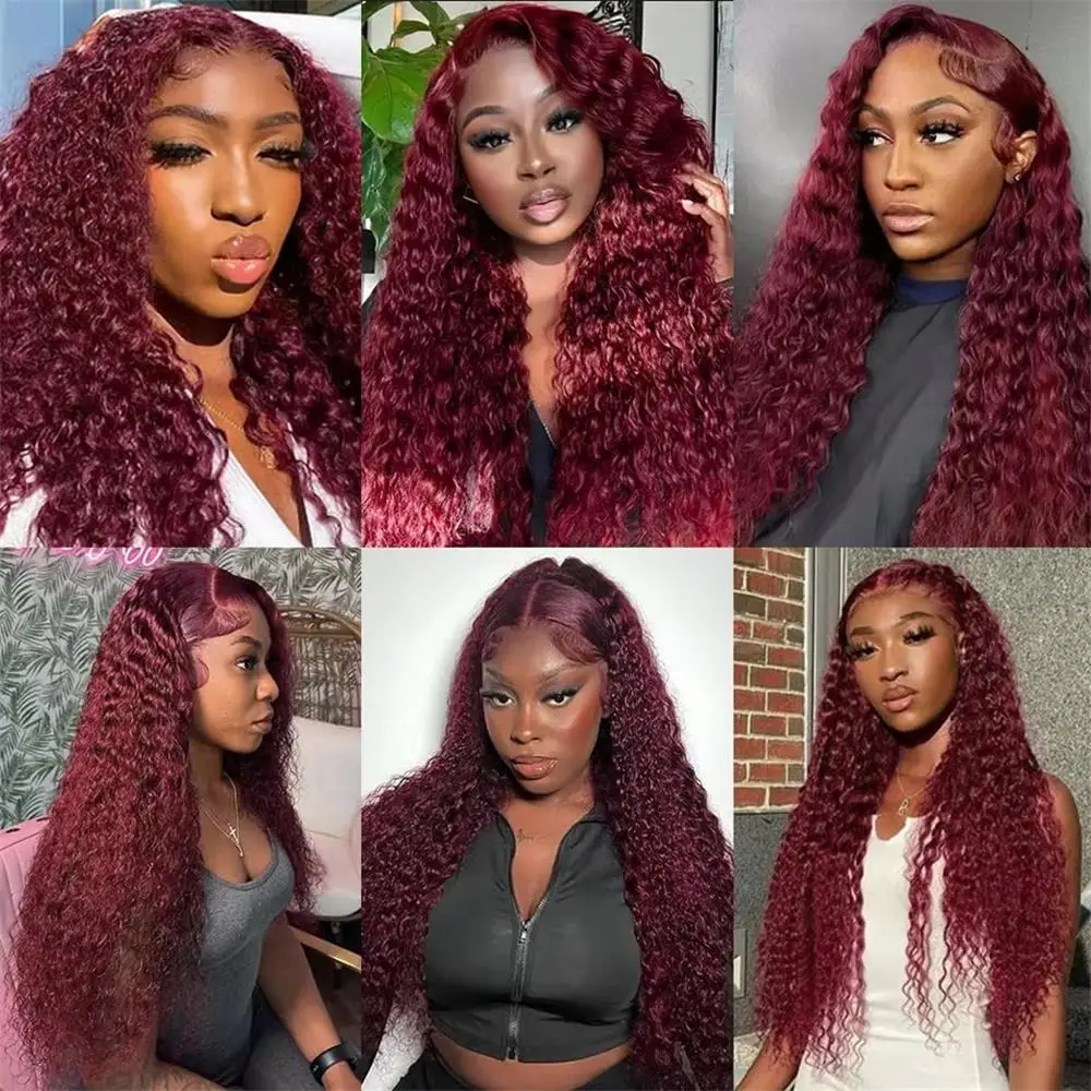 200 Density 13x4 99J Burgundy Lace Front Wig Red Wine 34 Inch Deep Wave Brazilian HD Glueless Lace Frontal Human Hair Wigs 4
