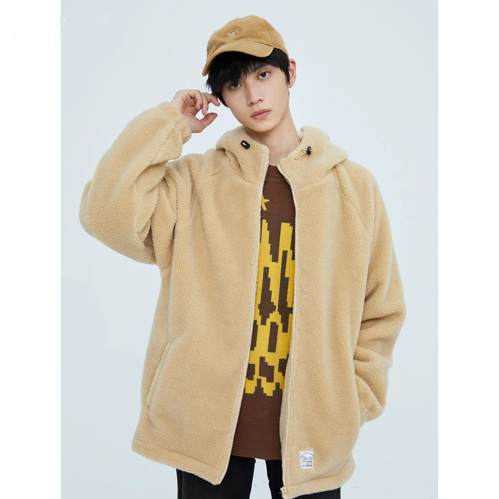 Metersbonwe Hooded Loose Lamb Wool Coat For Men Solid Color Back Printed Autumn Winter Warm Outwear