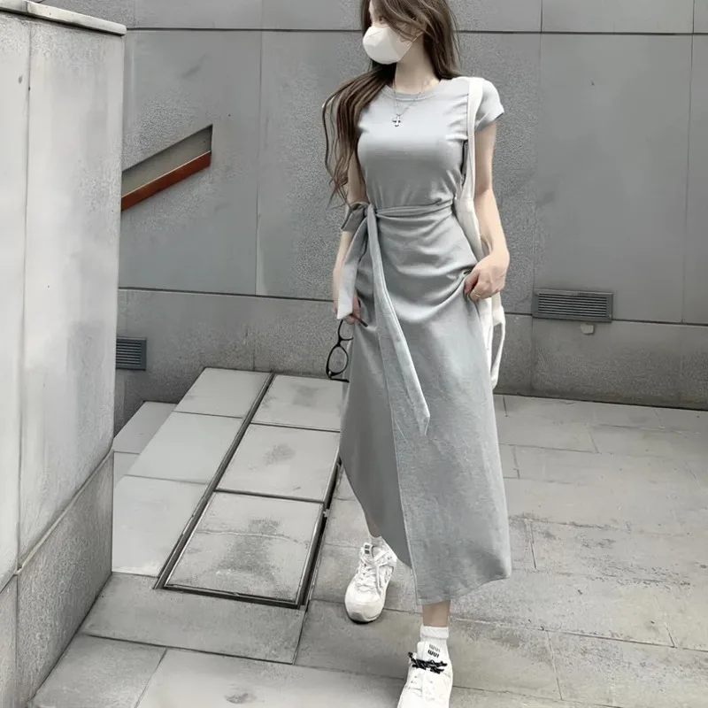 

Sexy Slim Women's Dresses Casual O-Neck Short Sleeve Lace-up Dresses Fashion Korean Retro Style High Waist Chic Elegant Dresses