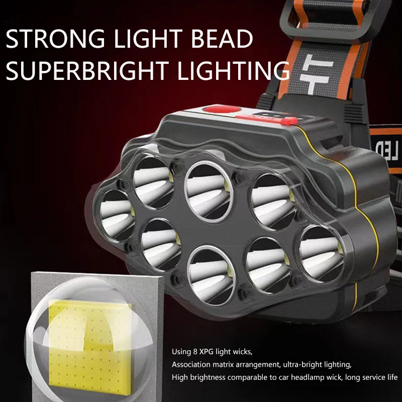 다기능 8 LED 헤드라이트, 500 루멘 내장 배터리, 전원 디스플레이 포함 LED 헤드램프, 인기 판매