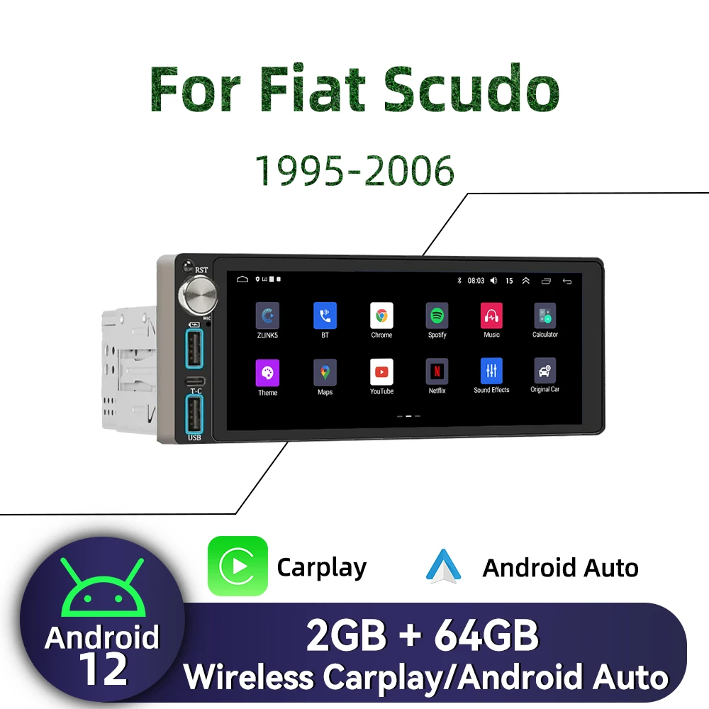 

Carplay 6.86" Screen Multimedia 1 Din Android Car Radio for Fiat Scudo 1995-2006 Head Unit Autoradio Stereo GPS BT Navigation