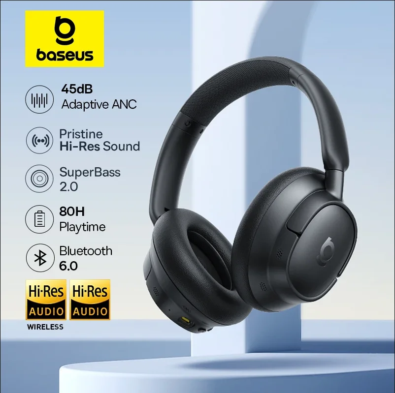 Fones de Ouvido Sem Fio Baseus EH10 NC ANC com Cancelamento de Ruído Adaptativo Híbrido de 45dB, Headsets Hi-Res LDAC, Bluetooth 6.0, 80 Horas de Duração