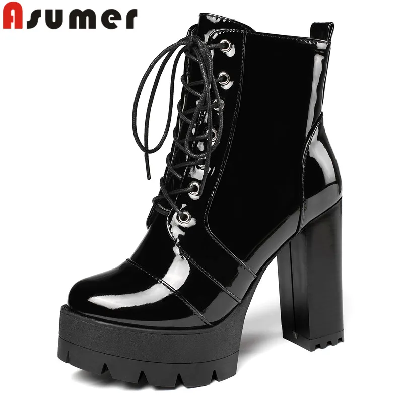 

ASUMER 2023 Size 34-43 New Patent Leather Zipper Ankle Boots Female Narrow Band Winter Boots Thick High Heels Platform Shoes