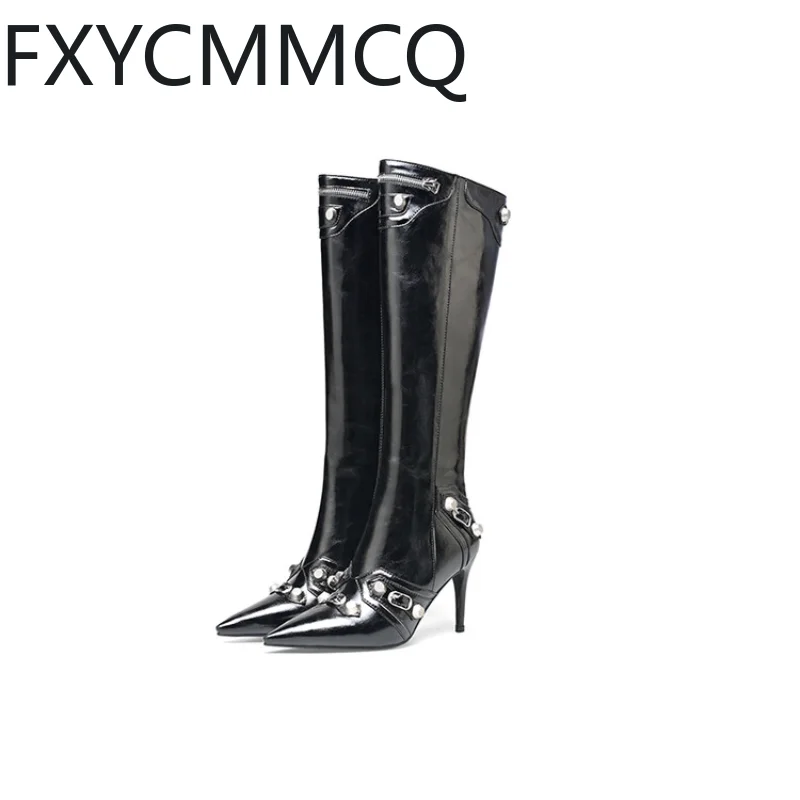 

FXYCMMCQ Winter 2023 Rivet Stiletto Heels (5-8cm) Pointy Women's Fashion Boots Commuting Casual Oversize Size 32-46 23-33A