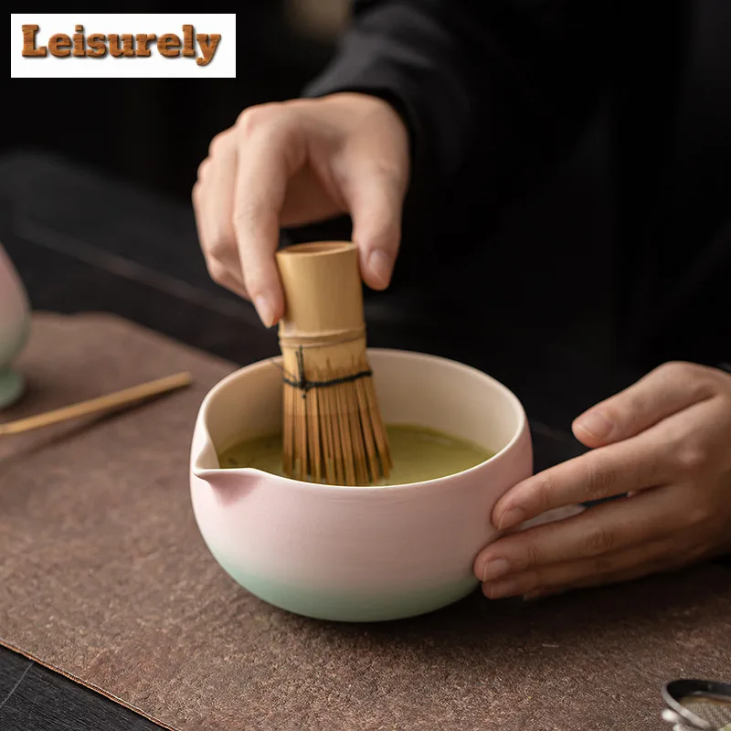 2pc/lset Gradient Pink Green Matcha Bowl Tea Whisk Stand Set Japanese Kung Fu Accessories Song Dynasty Ceremony Utensils Whisk