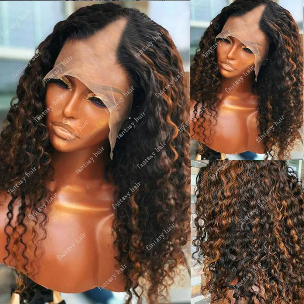 

Highlight Black Brown Color V Part Wig Unprocesse Curly Human Hair Wig Glueless Ombre U part Full Machine Made No Leave Out