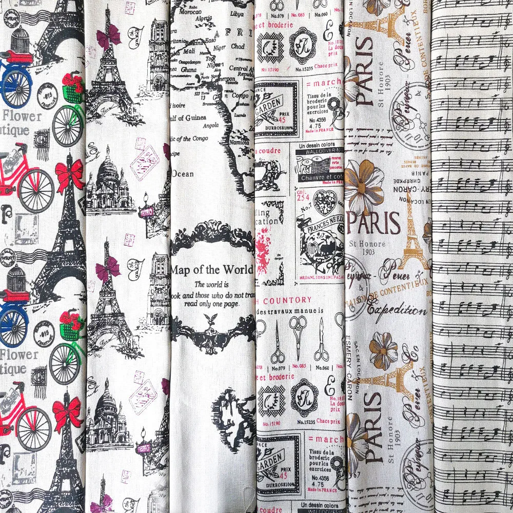 Purple Red Bow Bicycle Crown Eiffel Tower Retro Printed Cotton Linen Fabric Diy Sofa Tablecloth Cushion Pillow Materials