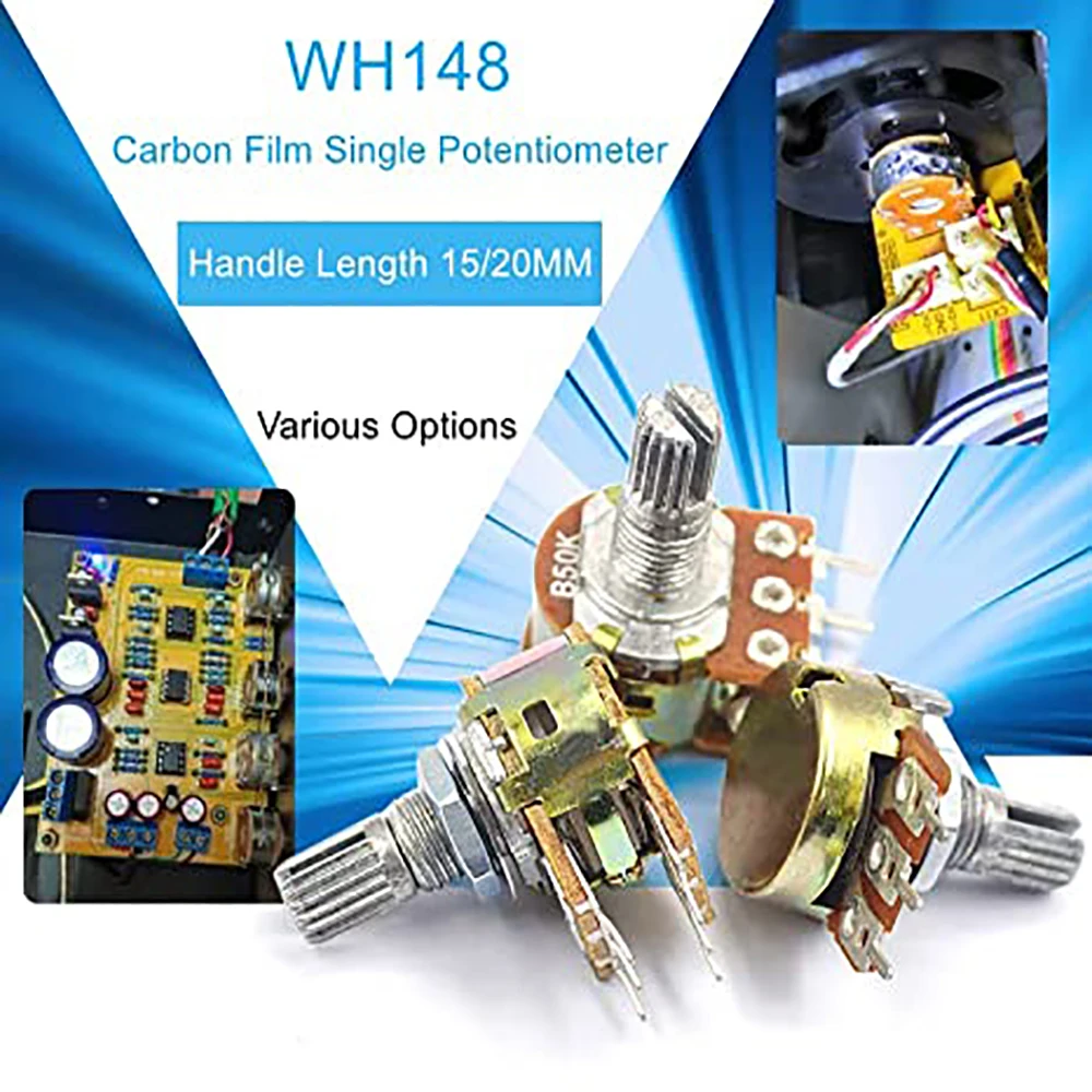 5Pcs WH148 1K-1M Ohm Variable Resistors Single Turn Adjustment Rotary Carbon Film Taper Potentiometers 3 Pin 20mm Length Shaft