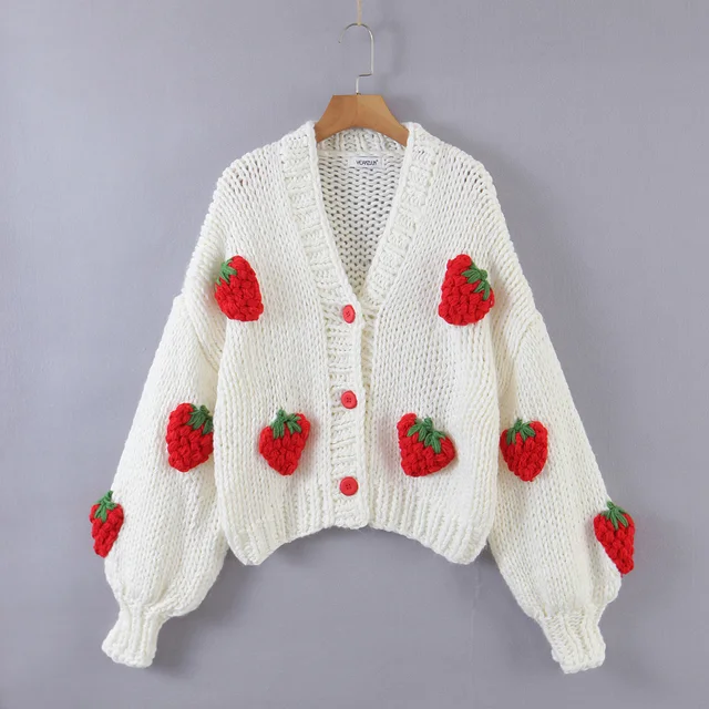 Sweet 3D Fruit Strawberry Hand Made Crochet White Cardigan