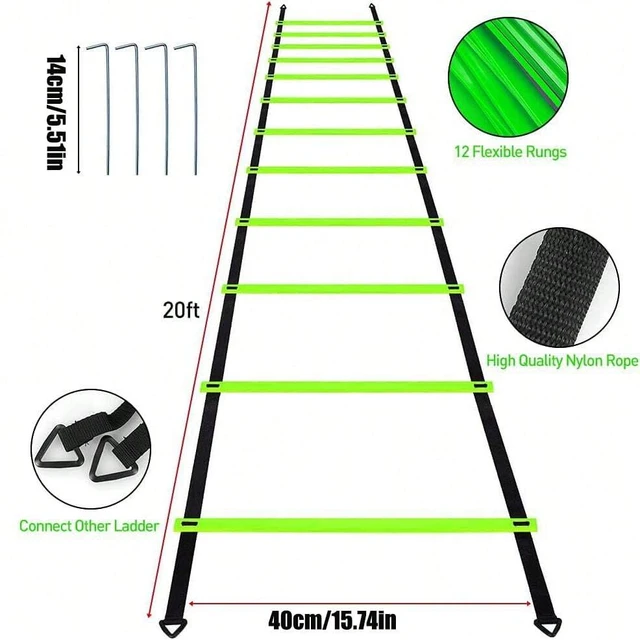 Pro Speed & Agility Training Set— Includes 12 Rung 20ft Agility Ladder , 12 Disc Cones, 4 Steel Stakes, 1 Resistance Parachute 2