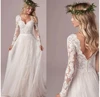 Lace Tulle Long Sleeve Wedding Dress 2022 Boho V-Neck Appliques Bridal Gown For A- Lace Appliques Bride Gown Backless Tulle 2025 1