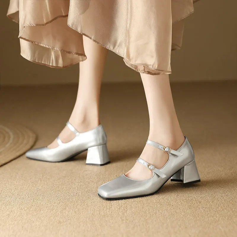 French Style Women's Pumps Mary Janes Heeled Shoes 2024 Summer Autumn Patent Leather Elegant Footwear