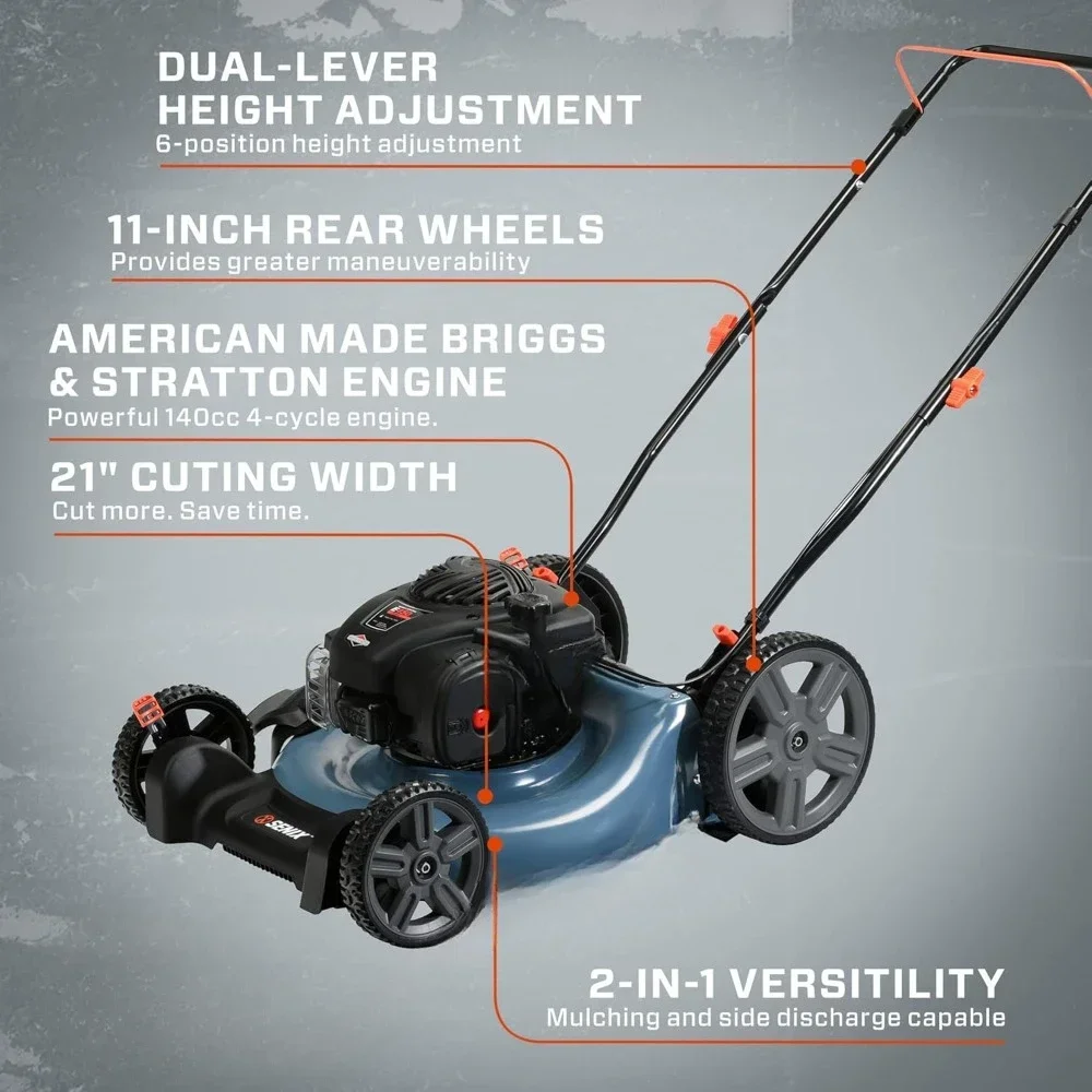 21-Inch Gas Push Lawn Mower 140 Cc 4-Cycle Mulching and Side Discharge 6-Position Dual Lever Height Adjustment