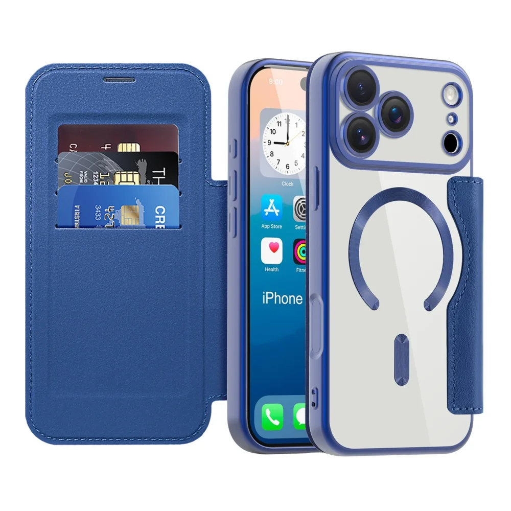 Magnetic Card Holder Case with Transparent Fold Leather Wallet Flip Cover