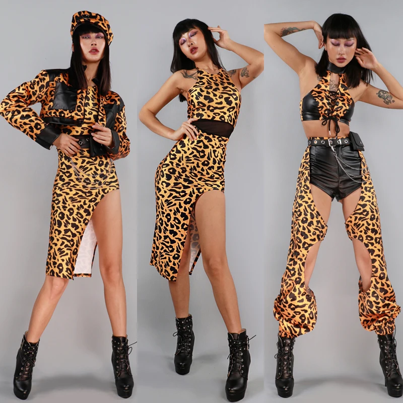 

3 Styles Jazz Clothing Women Leopard Dress Top Skirts Gogo Dancer Costume Sexy Pole Dance Wear Stage Dj Ds Rave Outfit XS6241