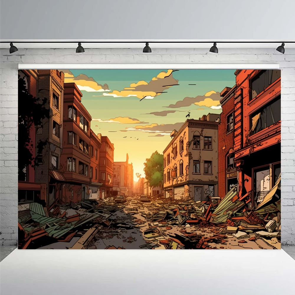 Ruined City Backdrop Doomsday Disaster Scenery Wildfire Burning Building Street Car Smoke Photo Background Studio Shoot Props photo backdrop