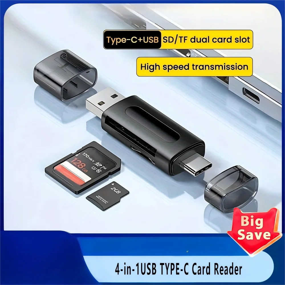 미니 SD TF 카드 4-in-1 다기능 USB 타입-C 카드 리더기, 외부 저장 장치, 블랙, 확장 가능, USB 2.0 호환