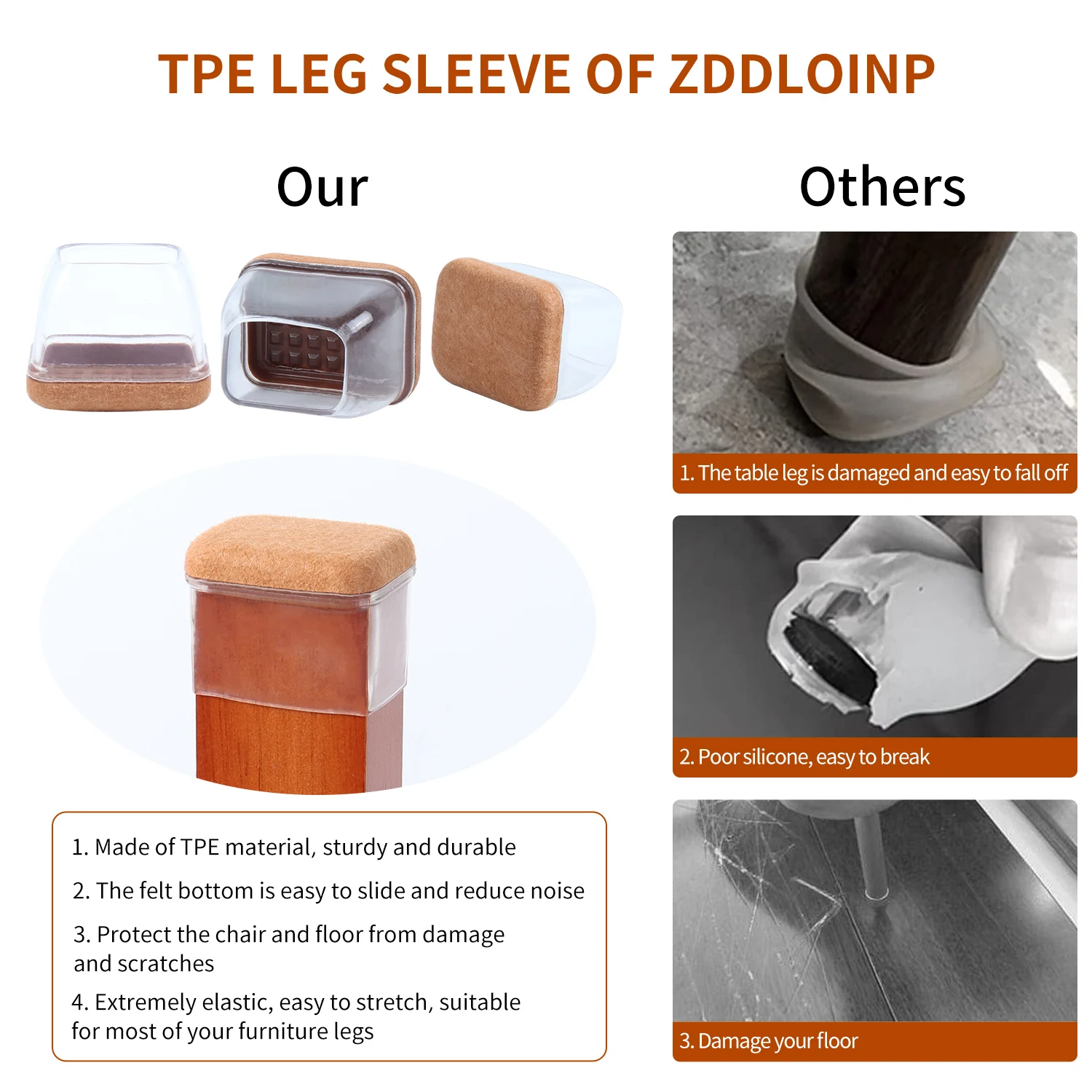 16PCS Rectangle Chair Leg Caps Silicone Anti-Slip Felt Furniture