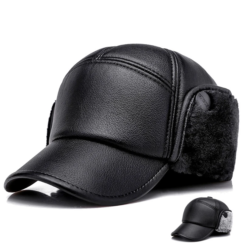 Elderly Pu Hat Male Winter Dad Grandpa Thermal Hat Thick Warm Leather Hat Old Man Ear Protection Cap 3