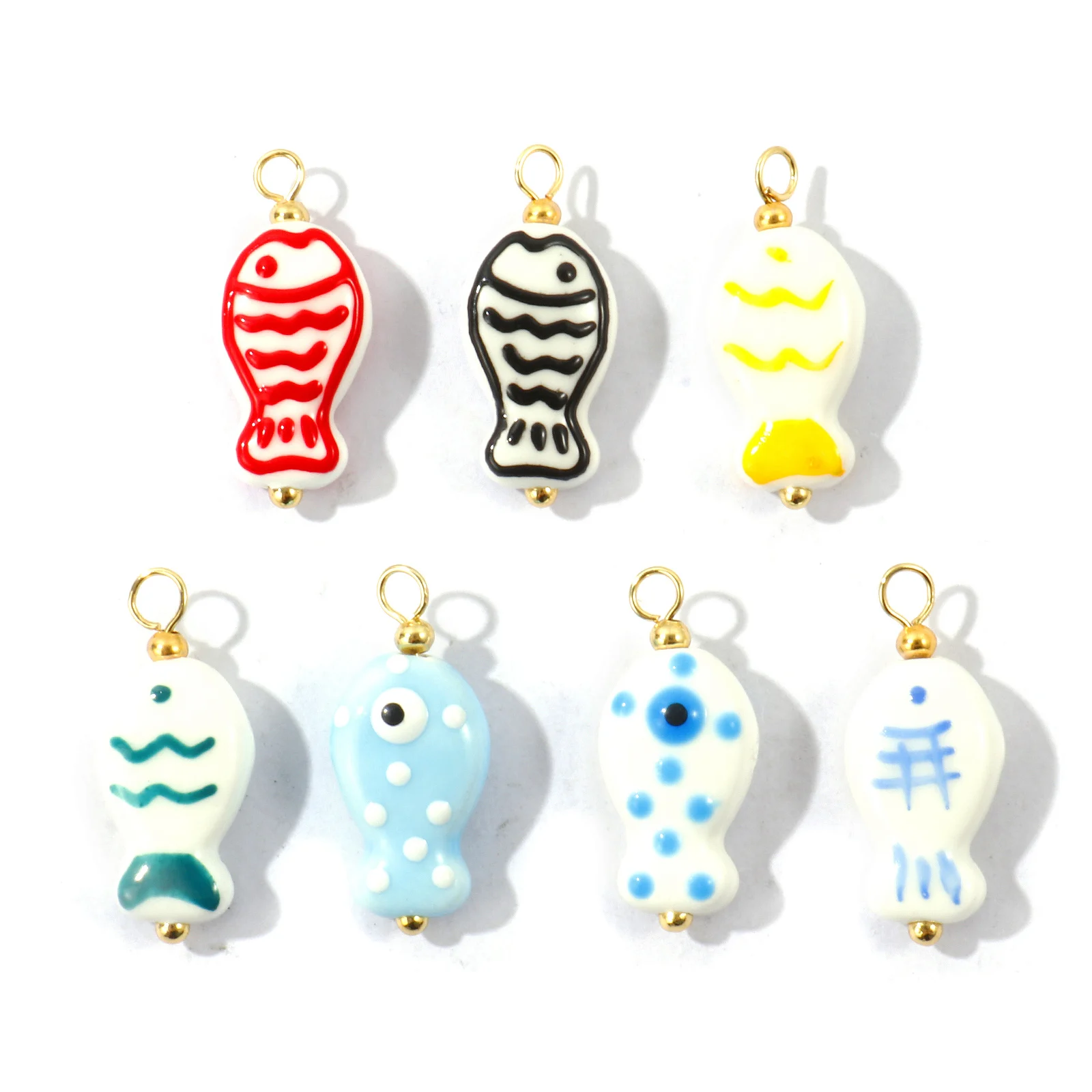 5 Stück Ozean-Schmuck Fisch-Tier-Anhänger Mehrfarbige Keramik Doppelseitig Emailliert 18K Vergoldetes Messing Anhänger DIY Halsketten-Schmuck
