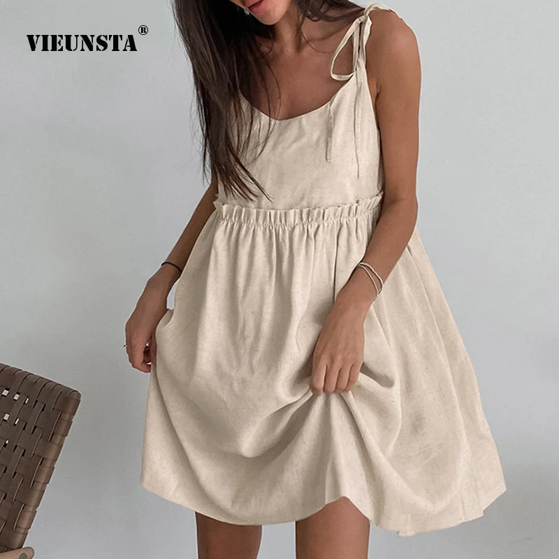 

Vacation Style Sexy Round Neck Slip Dresses Solid Color Cotton Linen Loose Lace Up A-line Skirt 2024 Summer New Women's Clothing