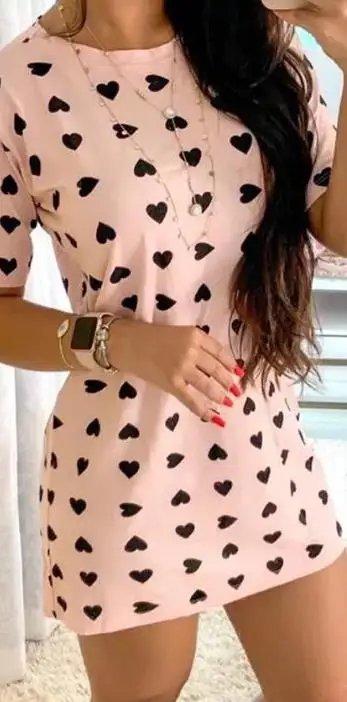 

Spot New 2023 Summer Fashion Heart Print Round Neck Short Sleeve Casual Mini Straight Dress Women's Wear