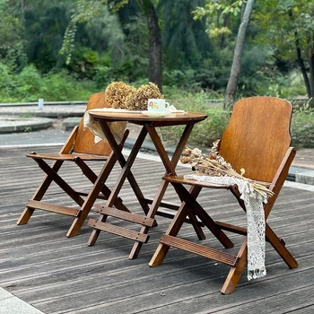 Sedie pieghevoli europee in legno massello Mobili da esterno per patio ad aria aperta Set di mobili da giardino per balcone retrò Tavolo e sedia pieghevoli 1