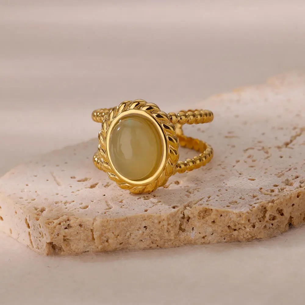 Green Stone Stainless Steel Open Rings For Women