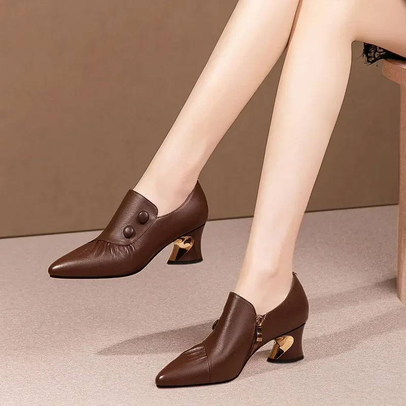 Thick Heel Fashion Shoes Women 2025 Spring and Autumn New Pointed Toe Deep Mouth Sexy Striped Fashion High Heels Women’s 2