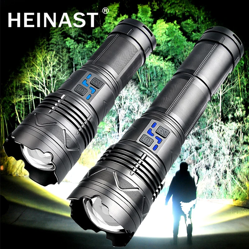 

High Power 100W LED Flashlight Super Bright Portable Spotlight Long Range Zoom Emergency Torch Outdoor Flashlight Power Display