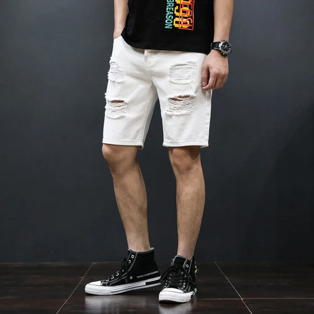 Invisible Open Crotch Outdoor Sex Summer Ripped Denim Shorts Men's Casual Jeans Streetwear Trend Five Points Pants Breeches