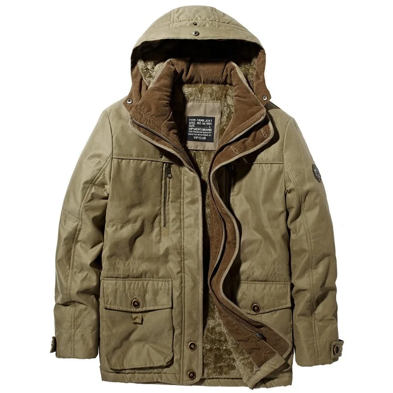 

Winter Padded Medium Length Cotton Military Style Hooded Coat Outdoor Windbreaker Men Large Size 7XL