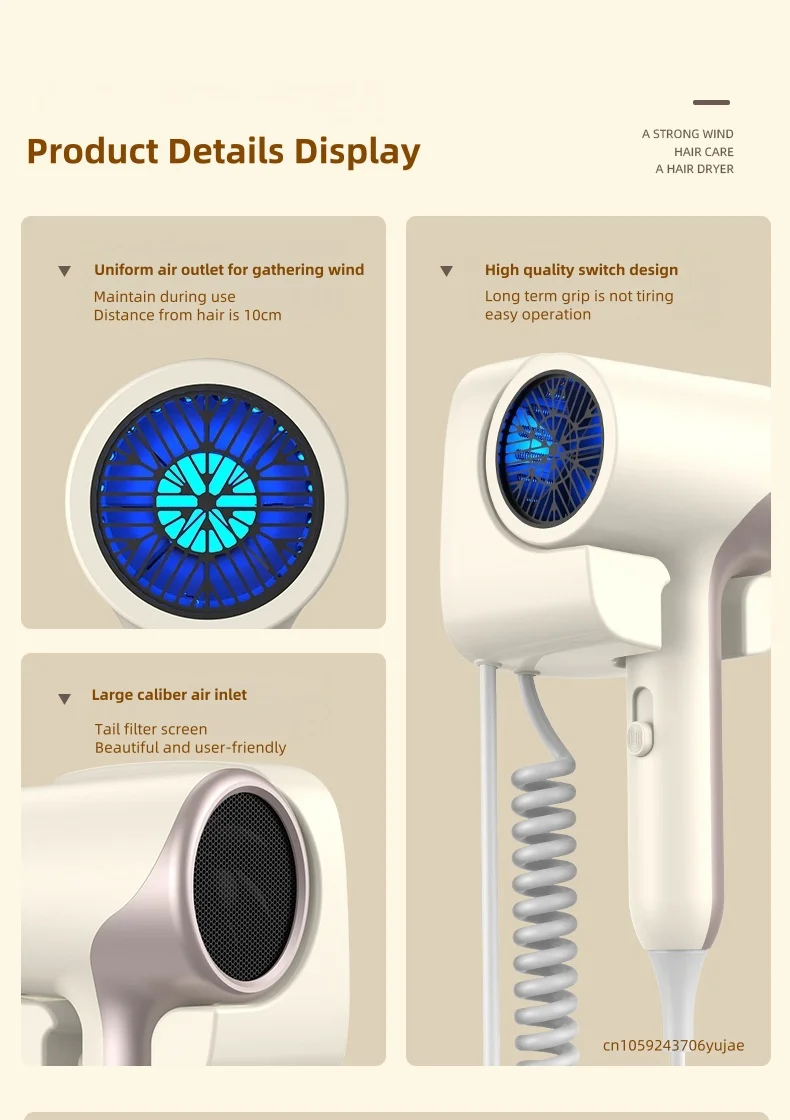 Blue Light Negative Ion Wall Mounted Hair Dryer 1800W High-Power Non-Punching fo