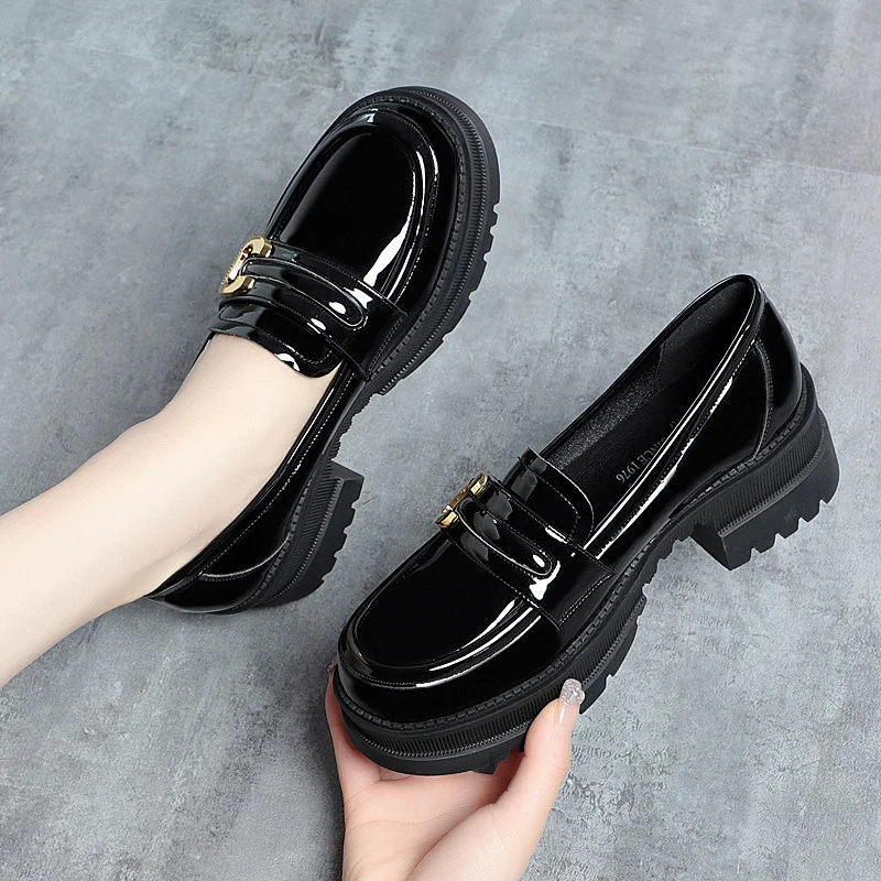 Women 2024 Spring Autumn Deep Mouth High Heels Loafers Patent Leather Chunky Platform Pumps Slip On Black Office Mary Jane Shoes - Image 5