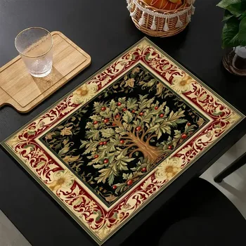 4/6/8pcs Christmas Tree William Morris Pattern Print Linen Dining Table Mats Kitchen Decor Placemat Coasters Pads Bowl Cup Mat 1