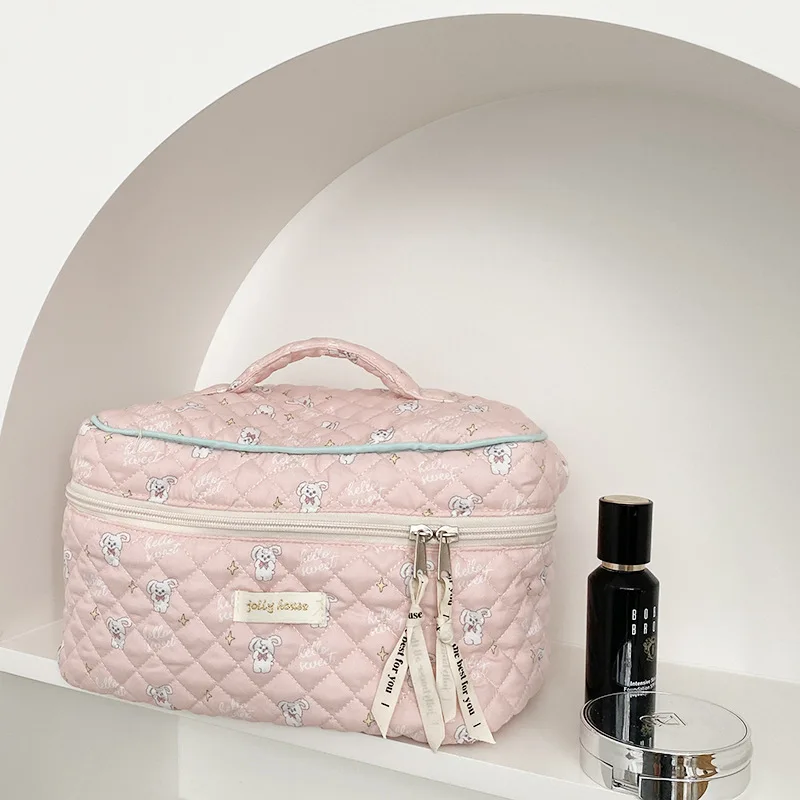 

Girls' Cute Pink Cosmetic Bag Large Capacity Toiletries Storage Box Canvas Print Zipper Top-Handle Bag Square Student Lunch Bag