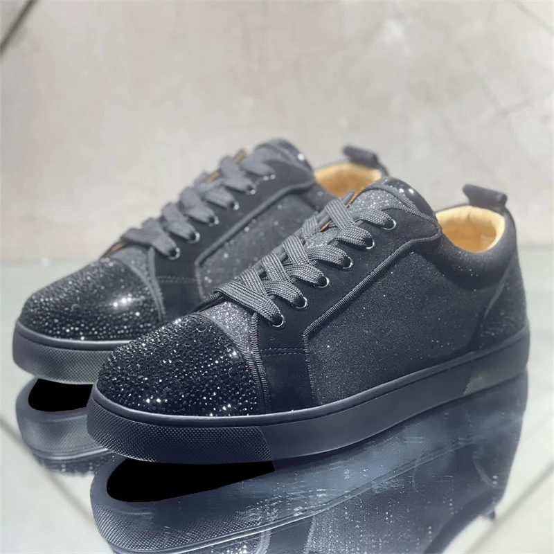 

Luxury Brand Red Bottoms Low Tops Shoes For Men's Black Genuine Leather Flats Loafers Women's Casual Crystal Rhinestone Sneakers