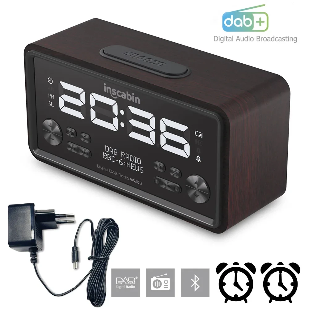 

W20B LCD Display Digital DAB/FM Radio Wireless Speakers Home Wooden Desktop Bluetooth 5.0 Double Alarm Clock Radio Sound Box