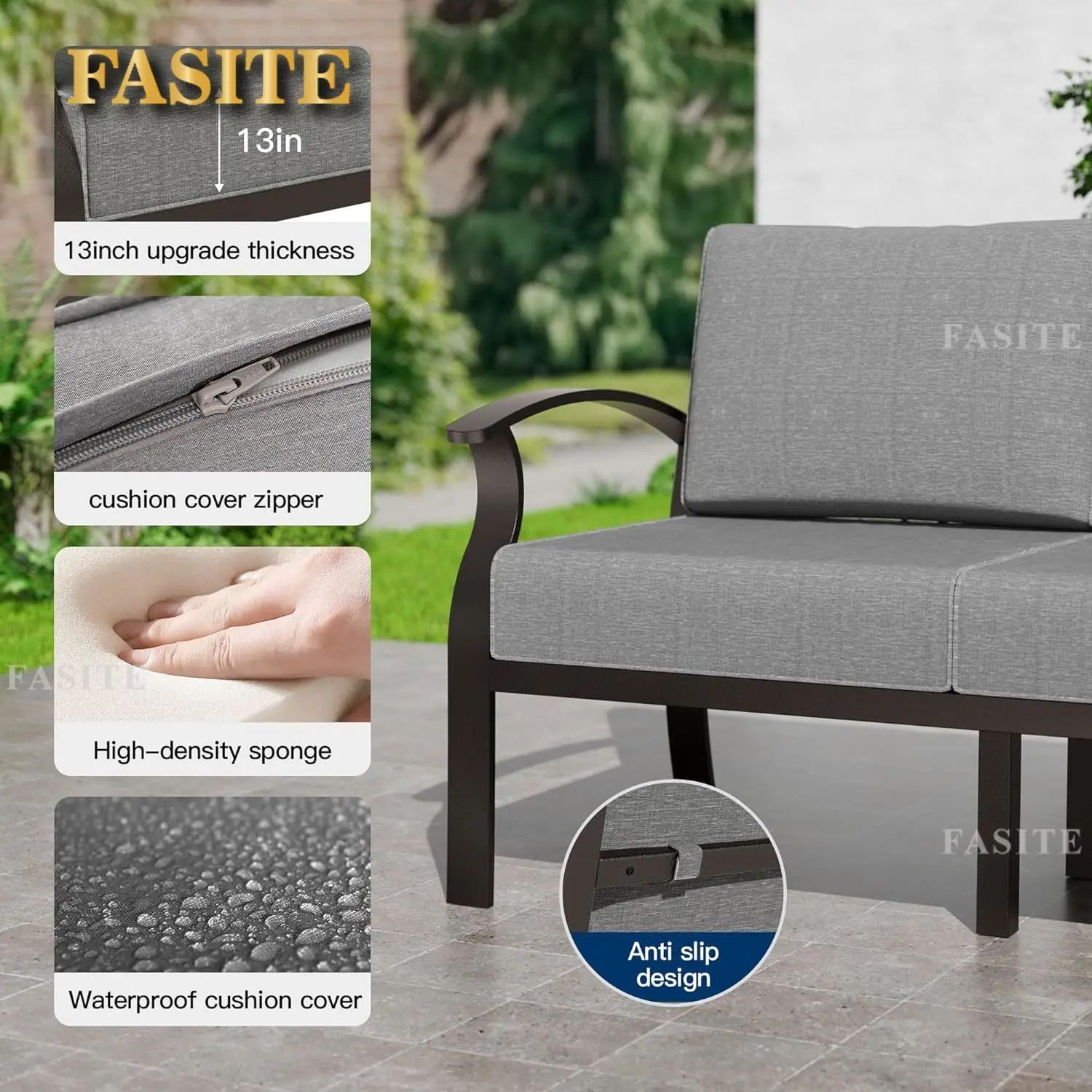 Aluminum Patio Furniture Set, 8 Pieces 9 Seat Metal Outdoor Furniture with 45 Propane Gas Fire Pit & Swivel, Sand