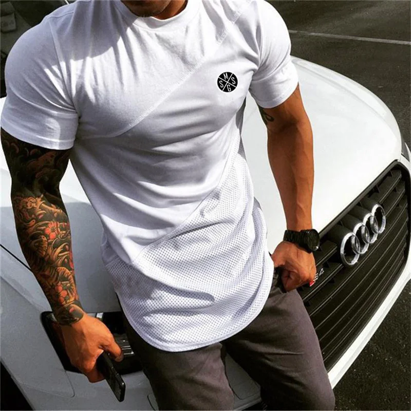 

Gym Fitness Running Sport T-shirt Men Stitching Contrast Color Short Sleeve Cotton Shirt Summer Absorb Sweat Workout Muscle Tops