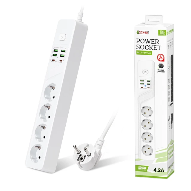 Standard Grounded Power Strip 4 EU Plugs Sockets 4 USB 2 Type C Ports