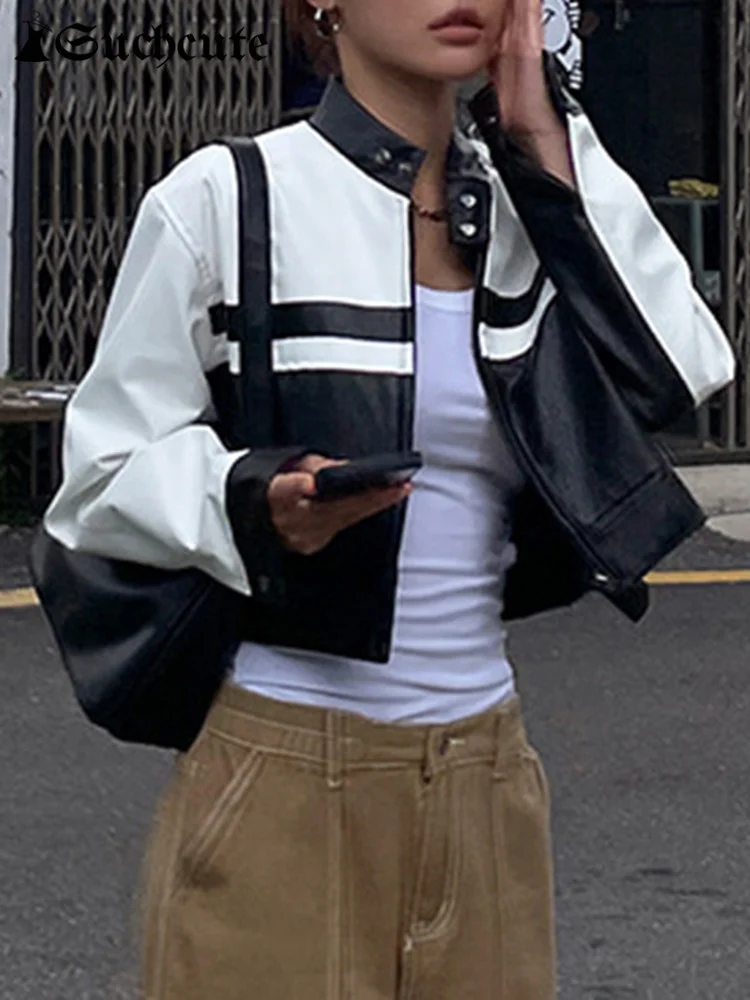 

Korean Streetwear Contrast Black White Leather Jackets Motorcycle PU Coats Zip Up Women Y2K Tops 가죽자켓 New in Outerwears